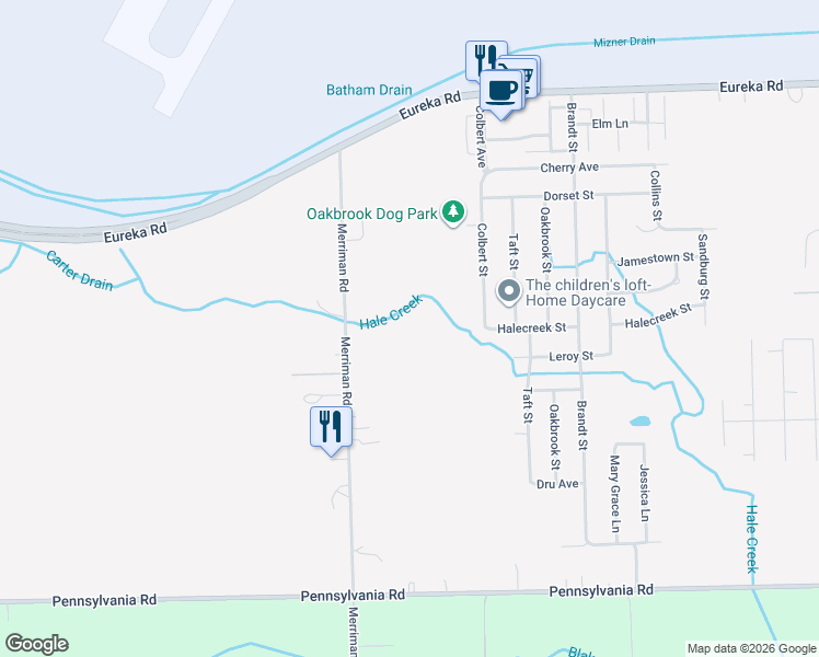 map of restaurants, bars, coffee shops, grocery stores, and more near 15715 Merriman Road in Romulus