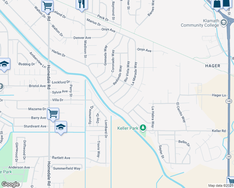 map of restaurants, bars, coffee shops, grocery stores, and more near 3934 Rio Vista Way in Klamath Falls
