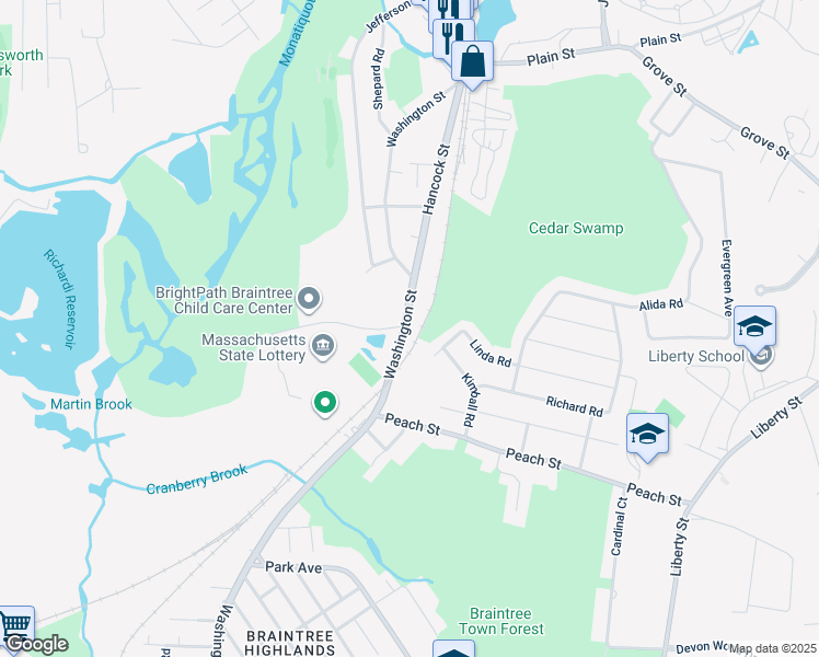 map of restaurants, bars, coffee shops, grocery stores, and more near 1430 Washington Street in Braintree
