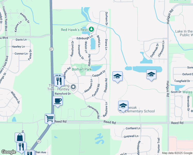 map of restaurants, bars, coffee shops, grocery stores, and more near 9699 Fairfield Road in Huntley