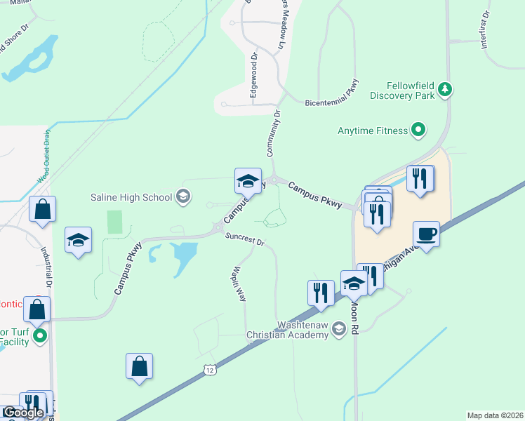 map of restaurants, bars, coffee shops, grocery stores, and more near 1155 Campus Parkway in Saline