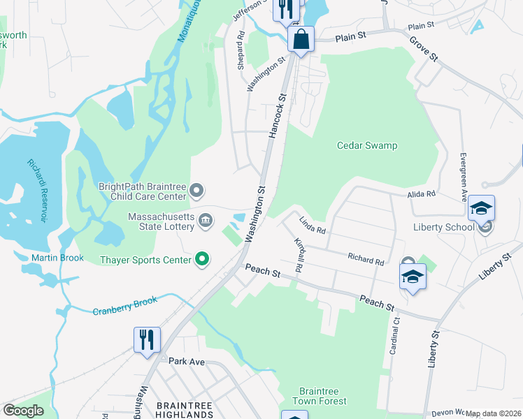 map of restaurants, bars, coffee shops, grocery stores, and more near 1430 Washington Street in Braintree