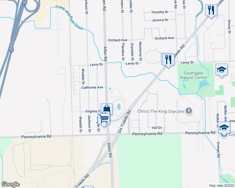 map of restaurants, bars, coffee shops, grocery stores, and more near 16333 Allen Road in Southgate