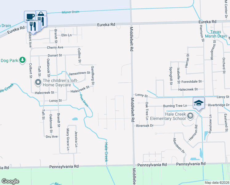 map of restaurants, bars, coffee shops, grocery stores, and more near 15822 Middlebelt Road in Romulus