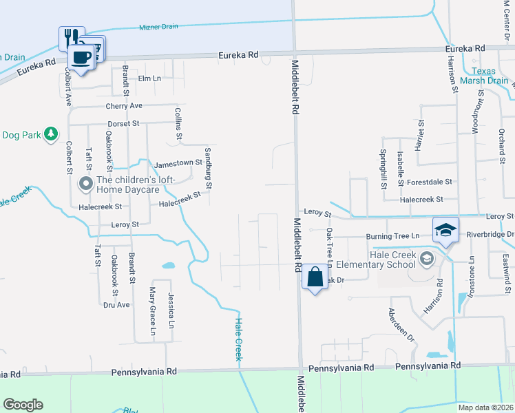 map of restaurants, bars, coffee shops, grocery stores, and more near 15822 Middlebelt Road in Romulus