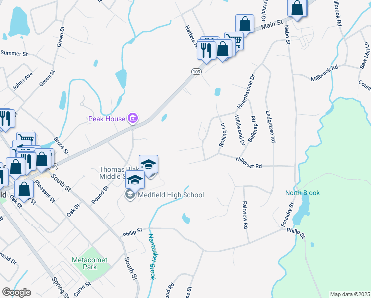 map of restaurants, bars, coffee shops, grocery stores, and more near 4 Cranmore Road in Medfield