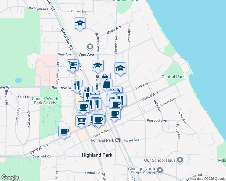 map of restaurants, bars, coffee shops, grocery stores, and more near 1988 Sheridan Road in Highland Park