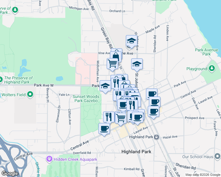 map of restaurants, bars, coffee shops, grocery stores, and more near in Highland Park