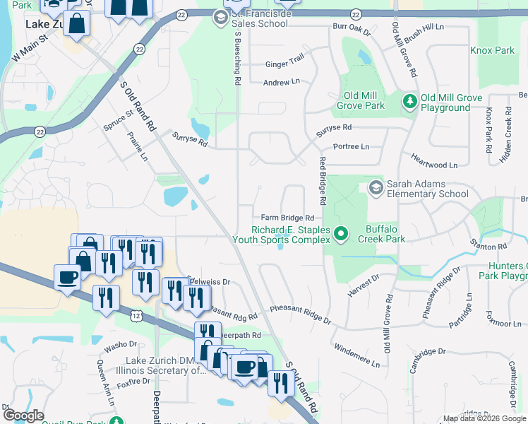 map of restaurants, bars, coffee shops, grocery stores, and more near 519 Tall Grass Circle in Lake Zurich