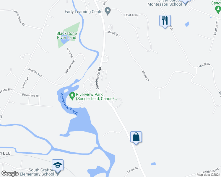 map of restaurants, bars, coffee shops, grocery stores, and more near Azalea Lane in Grafton