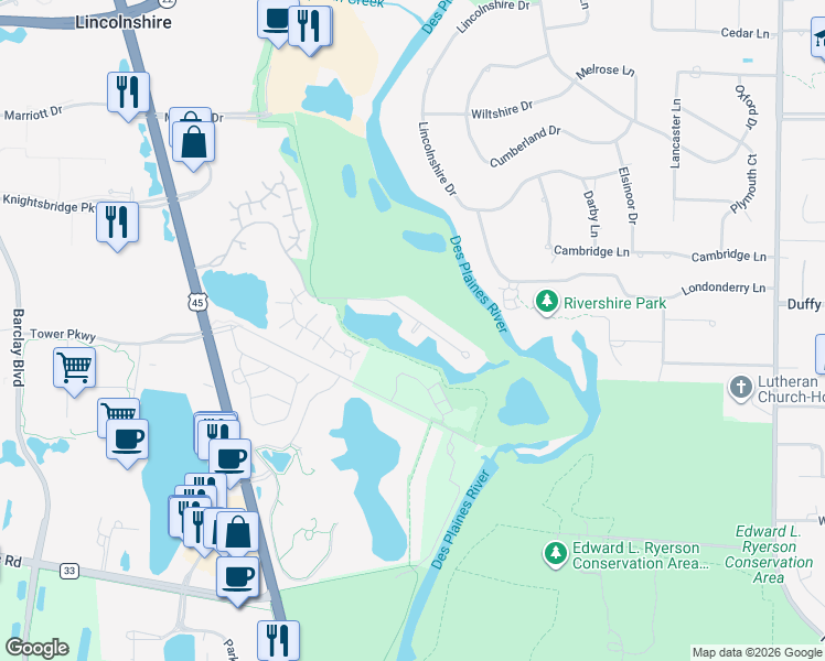 map of restaurants, bars, coffee shops, grocery stores, and more near 130 Rivershire Lane in Lincolnshire