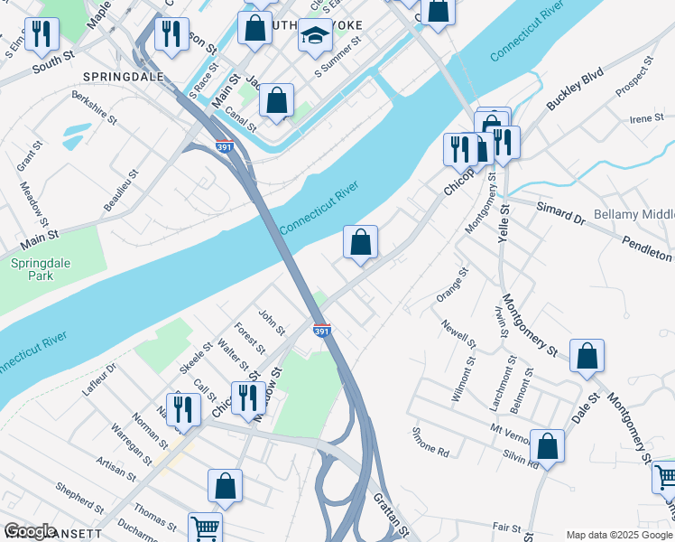 map of restaurants, bars, coffee shops, grocery stores, and more near 35 Mt Carmel Ave in Chicopee