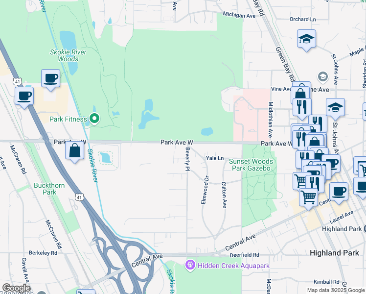 map of restaurants, bars, coffee shops, grocery stores, and more near in Highland Park