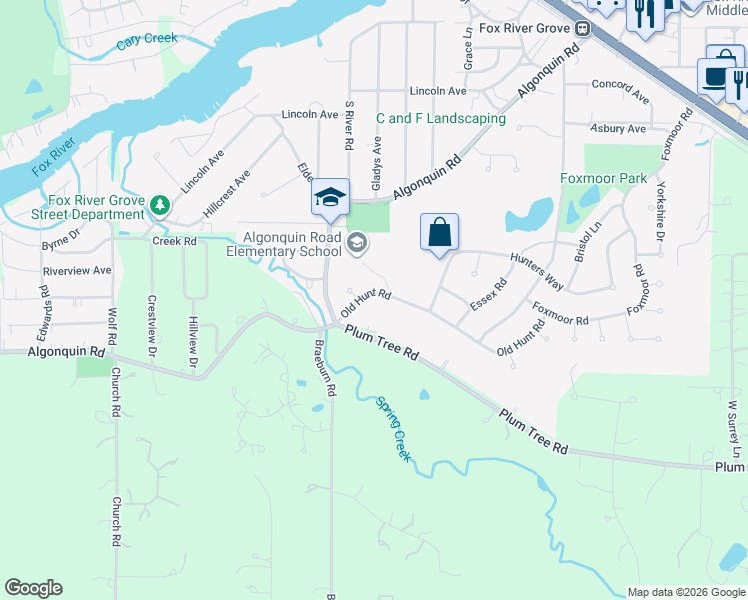 map of restaurants, bars, coffee shops, grocery stores, and more near 715 Old Hunt Road in Fox River Grove
