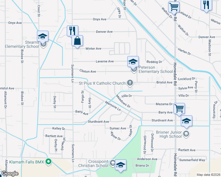 map of restaurants, bars, coffee shops, grocery stores, and more near 4195C Bristol Court in Klamath Falls