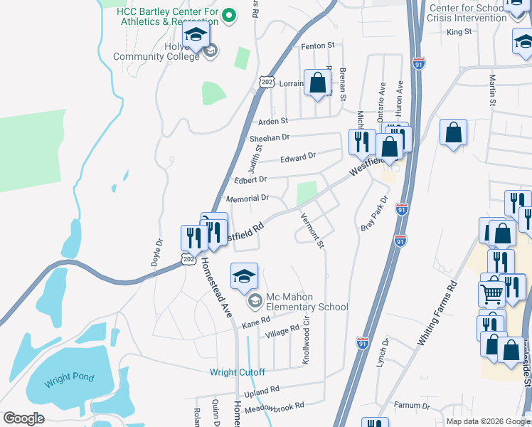 map of restaurants, bars, coffee shops, grocery stores, and more near 28 Memorial Drive in Holyoke