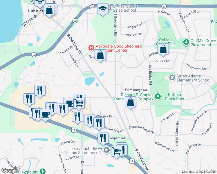 map of restaurants, bars, coffee shops, grocery stores, and more near 515 South Buesching Road in Lake Zurich