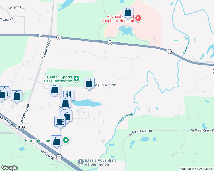 map of restaurants, bars, coffee shops, grocery stores, and more near 27531 East Savannah Trail in Lake Barrington