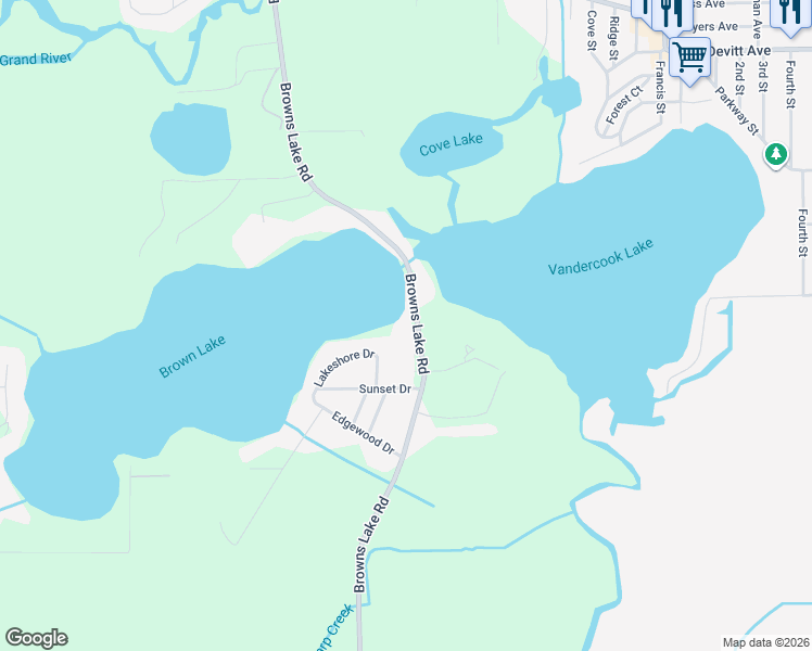 map of restaurants, bars, coffee shops, grocery stores, and more near 6074 Browns Lake Road in Jackson