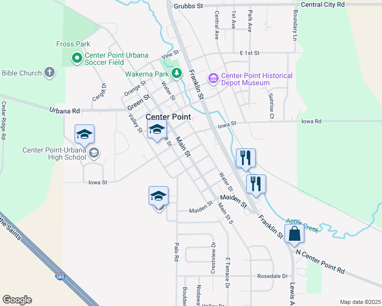 map of restaurants, bars, coffee shops, grocery stores, and more near 502 Main Street in Center Point
