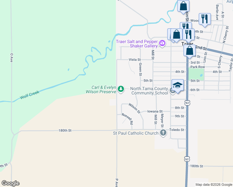 map of restaurants, bars, coffee shops, grocery stores, and more near West Street in Traer