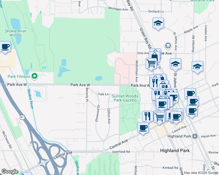 map of restaurants, bars, coffee shops, grocery stores, and more near 846 Park Avenue West in Highland Park