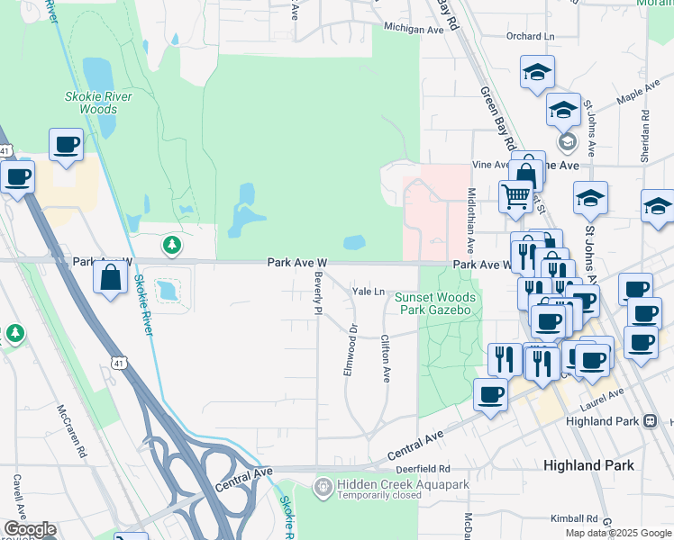 map of restaurants, bars, coffee shops, grocery stores, and more near 930 Park Avenue West in Highland Park