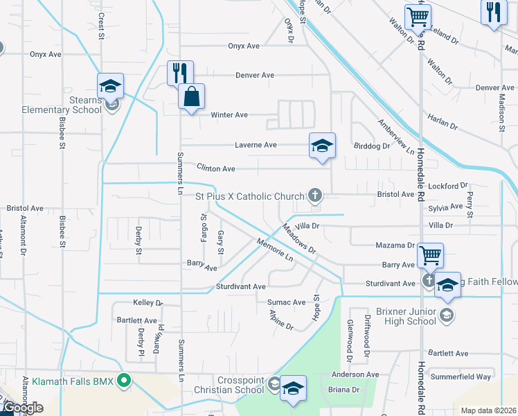 map of restaurants, bars, coffee shops, grocery stores, and more near 4195C Bristol Court in Klamath Falls