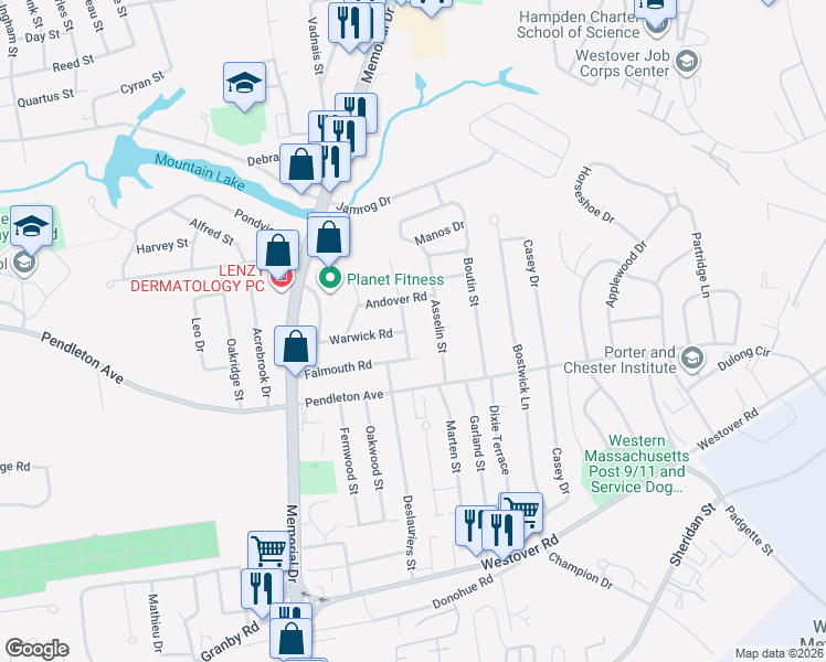 map of restaurants, bars, coffee shops, grocery stores, and more near 47 Westport Drive in Chicopee