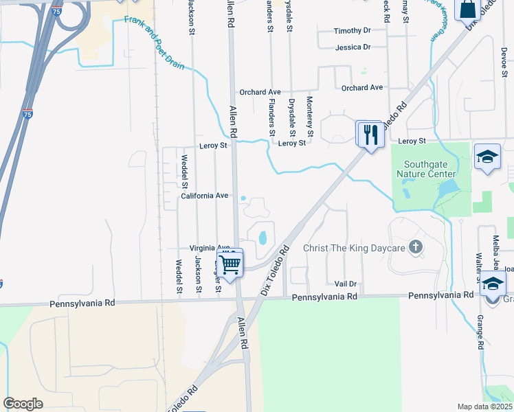 map of restaurants, bars, coffee shops, grocery stores, and more near 16333 Allen Road in Southgate