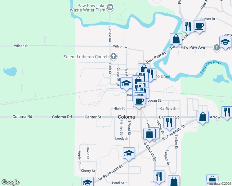 map of restaurants, bars, coffee shops, grocery stores, and more near 333 West Center Street in Coloma