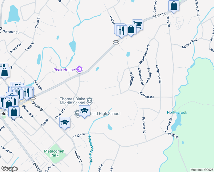 map of restaurants, bars, coffee shops, grocery stores, and more near 4 Cranmore Road in Medfield
