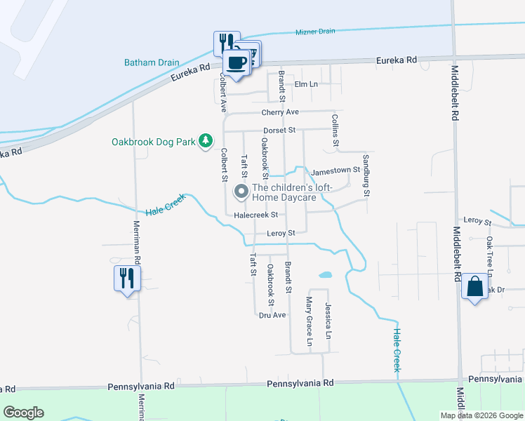 map of restaurants, bars, coffee shops, grocery stores, and more near 15820 Oakbrook Street in Romulus