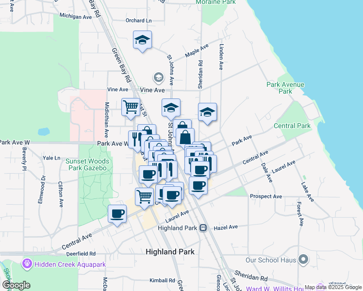 map of restaurants, bars, coffee shops, grocery stores, and more near 2023 Saint Johns Avenue in Highland Park
