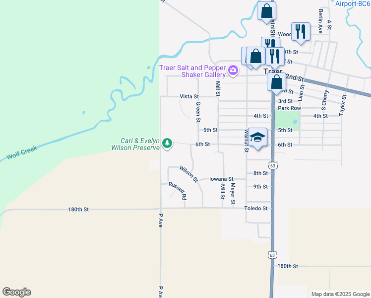map of restaurants, bars, coffee shops, grocery stores, and more near 6th St in Traer