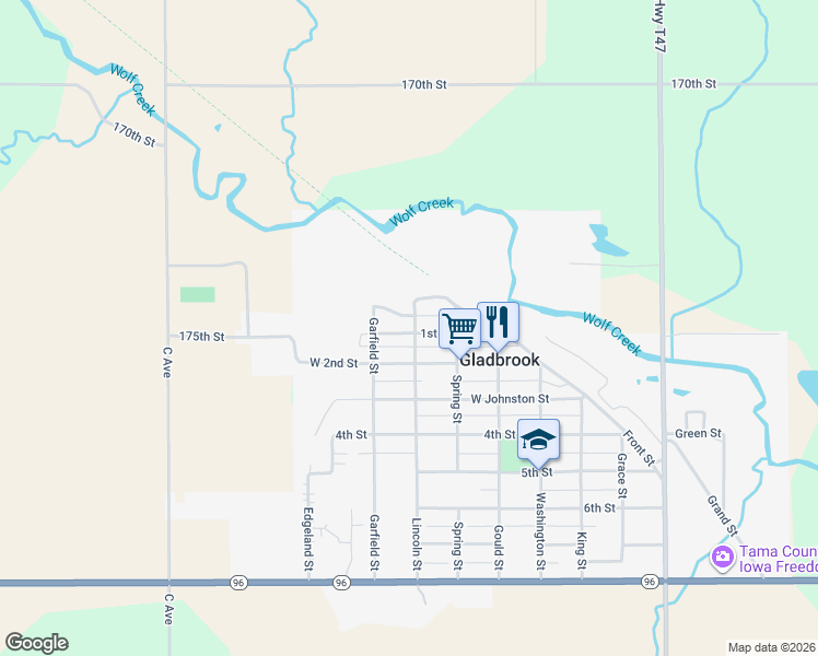 map of restaurants, bars, coffee shops, grocery stores, and more near 51 Lincoln Street in Gladbrook