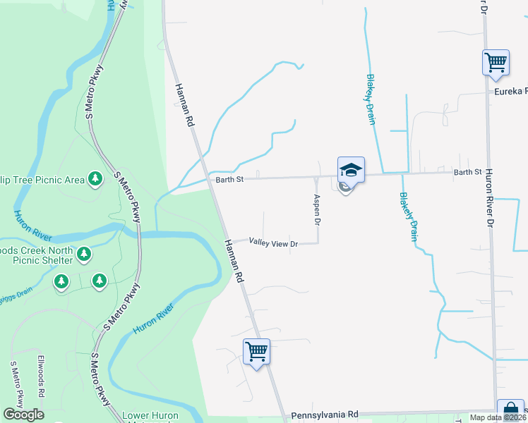 map of restaurants, bars, coffee shops, grocery stores, and more near 15998 Oster Drive in Romulus