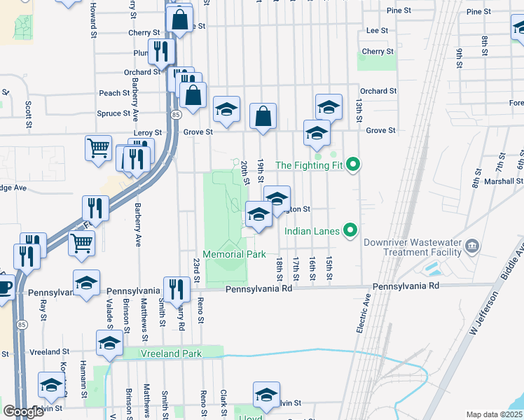 map of restaurants, bars, coffee shops, grocery stores, and more near 1940 Ludington Street in Wyandotte