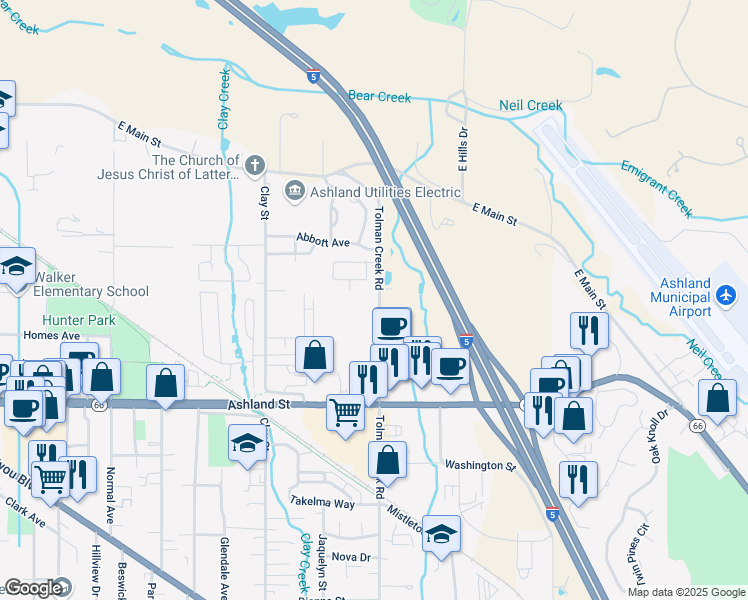 map of restaurants, bars, coffee shops, grocery stores, and more near 245 Tolman Creek Road in Ashland