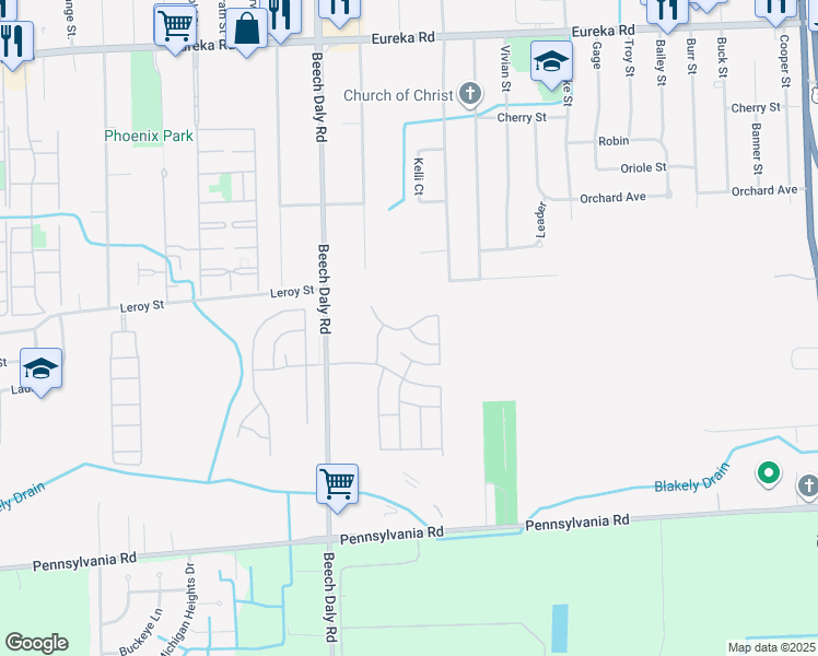 map of restaurants, bars, coffee shops, grocery stores, and more near Darchester Circle in Taylor
