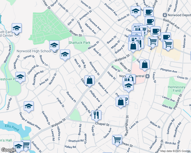map of restaurants, bars, coffee shops, grocery stores, and more near 121 Walpole Street in Norwood