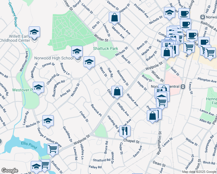 map of restaurants, bars, coffee shops, grocery stores, and more near 57 Crescent Avenue in Norwood