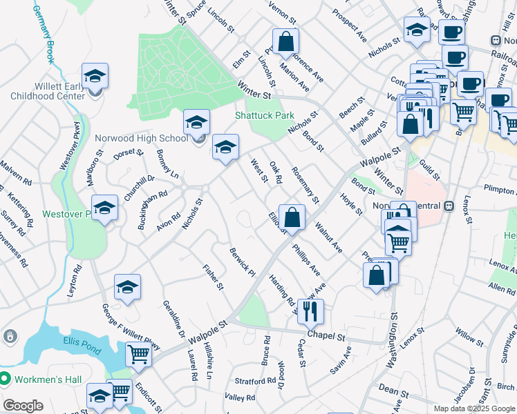 map of restaurants, bars, coffee shops, grocery stores, and more near 57 Crescent Avenue in Norwood