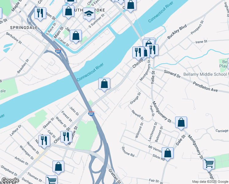 map of restaurants, bars, coffee shops, grocery stores, and more near in Chicopee