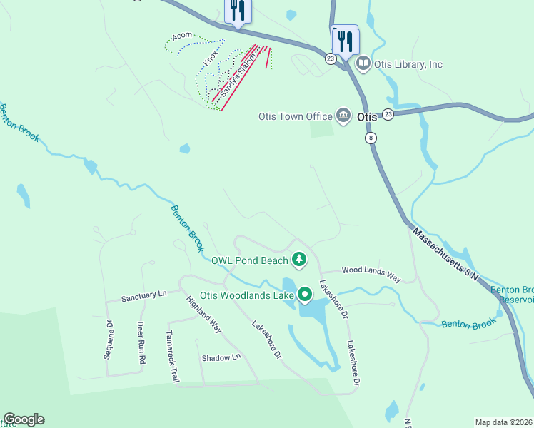 map of restaurants, bars, coffee shops, grocery stores, and more near 247 Clubhouse Drive in Otis