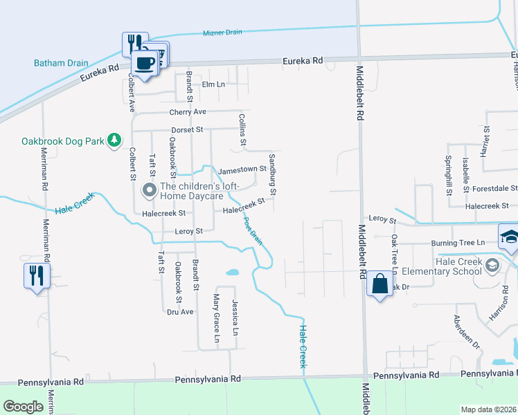 map of restaurants, bars, coffee shops, grocery stores, and more near 30072 Halecreek Street in Romulus