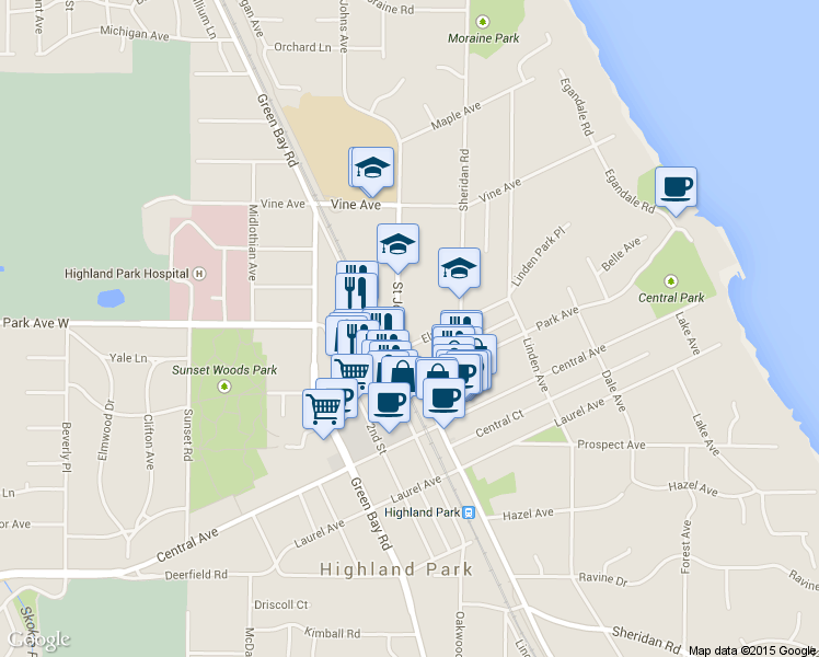 map of restaurants, bars, coffee shops, grocery stores, and more near 2023 Saint Johns Avenue in Highland Park
