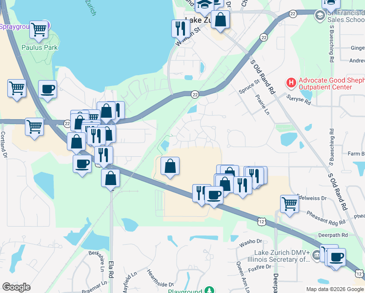 map of restaurants, bars, coffee shops, grocery stores, and more near 10 Rosehall Drive in Lake Zurich