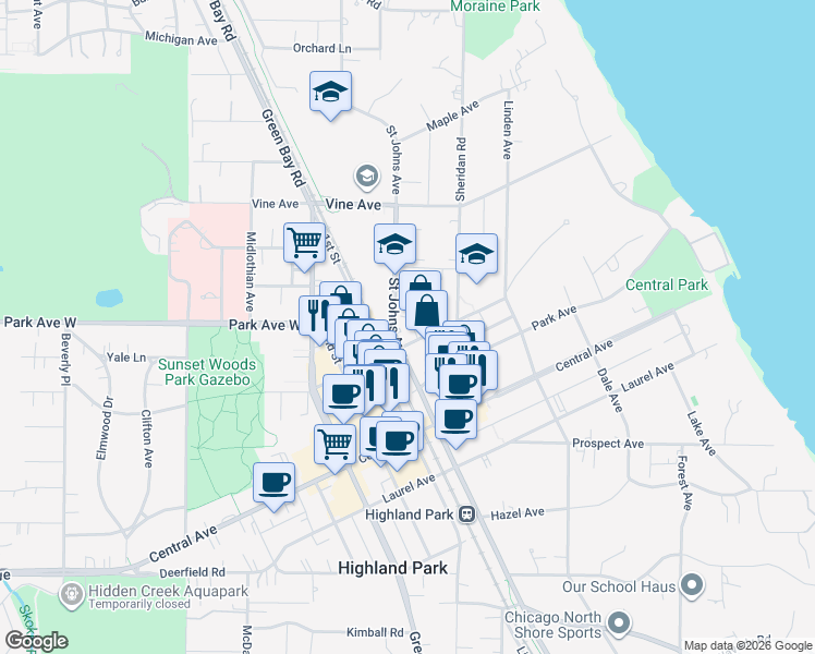 map of restaurants, bars, coffee shops, grocery stores, and more near 2023 Saint Johns Avenue in Highland Park