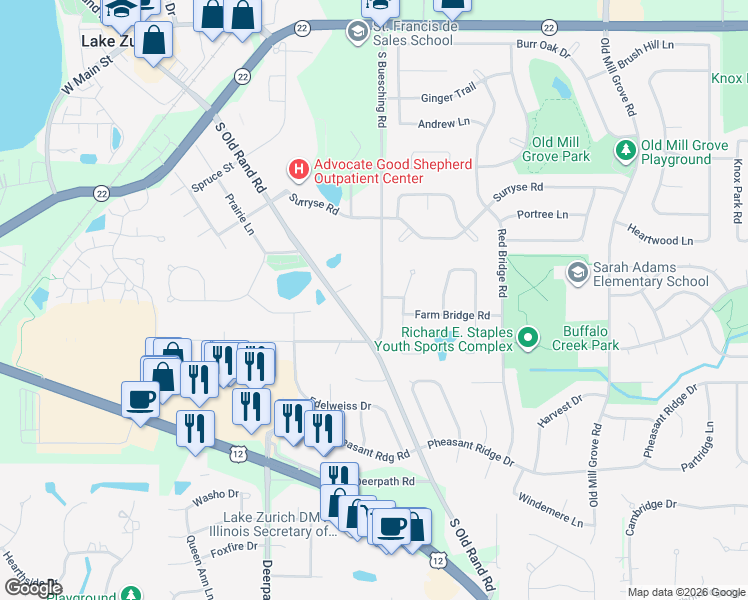 map of restaurants, bars, coffee shops, grocery stores, and more near 515 South Buesching Road in Lake Zurich